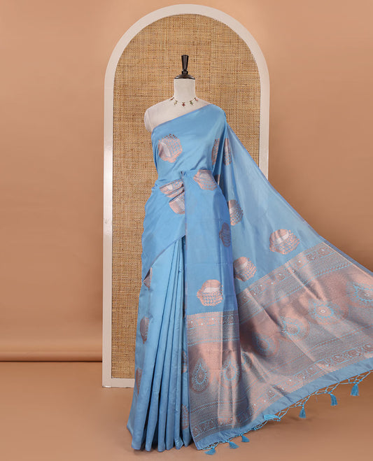 Borderless blue mulberry silk saree with copper & silver zari buttas, self-pallu of intricate designs & zari design blouse