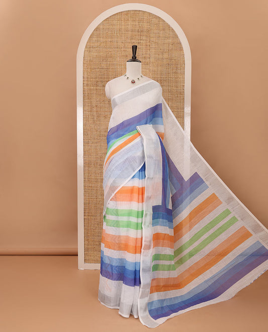 Rainbow color-striped linen saree, silver zari border, Rainbow color-striped fancy pallu & multi-color chevron striped blouse