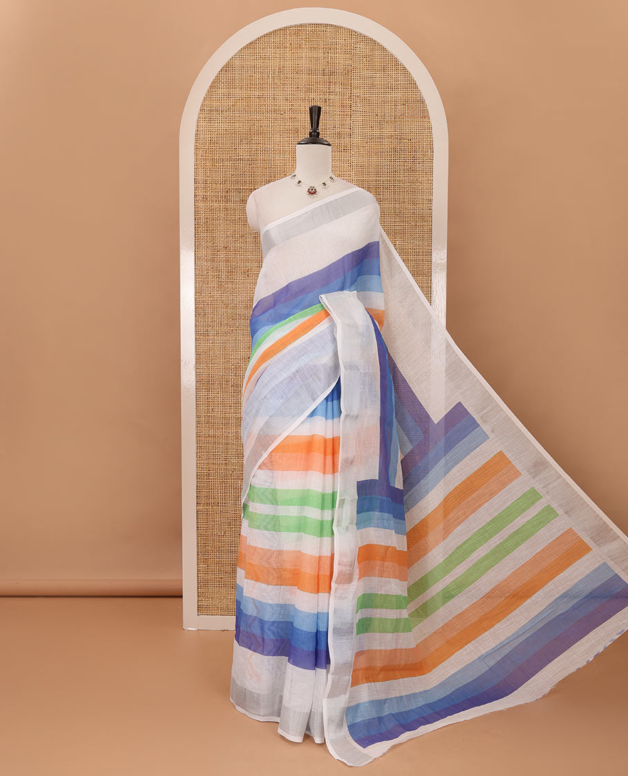 Rainbow color-striped linen saree, silver zari border, Rainbow color-striped fancy pallu & multi-color chevron striped blouse