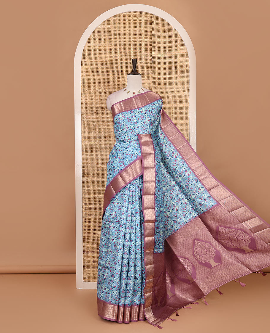 Blue patola style butta enclosed jaal printed fancy tussar saree, contrast traditional zari border and intricately zari woven pallu