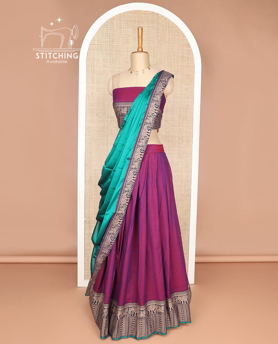 Purple cotton half saree with contrast elephant design border,elephant design blouse & elephant design border dhavani