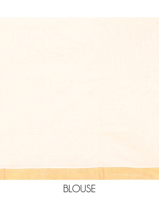 Cream Kerala Saree, Adorned with Zari Buttas on its Body, Subtly Sparkled Bavanji Border, Pallu Features Chakram Motifs, and Paired with a Matching Blouse