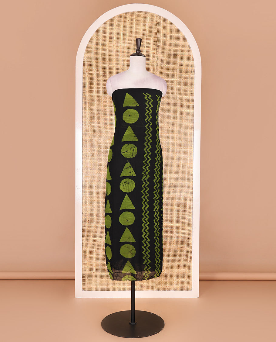 Black and green viscose georgette material churidar set, geometric shapes batik hand block printed top, plain bottom, and batik hand block printed dupatta