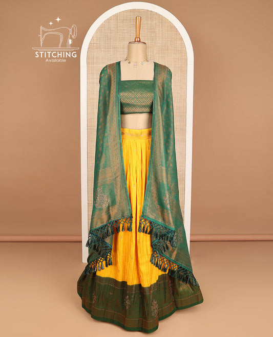 Yellow floral buttas Banaras half saree with zari design blouse & floral zari design dhavani