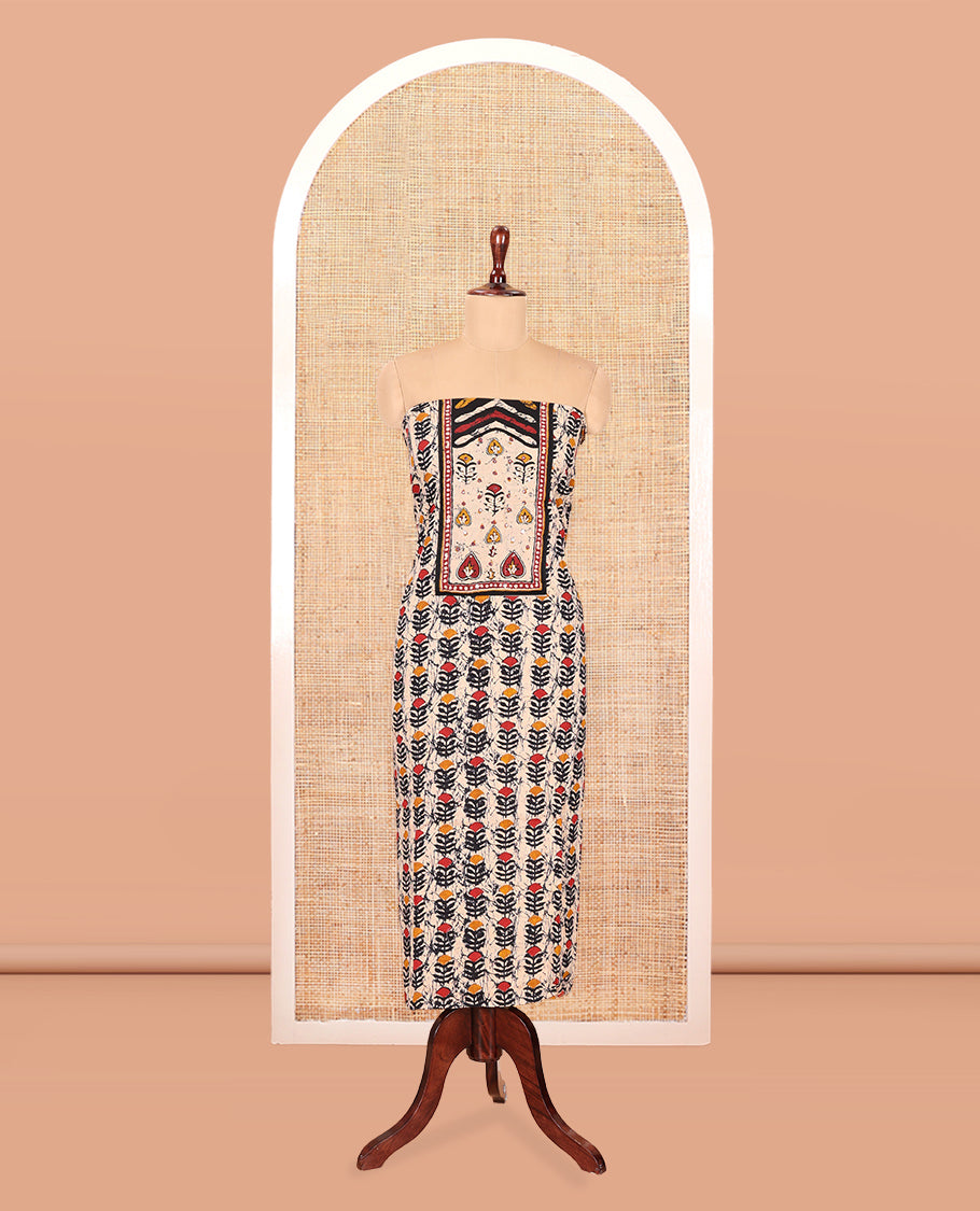 Black-Red Cotton Material Chudidar Features Batik-Printed Top, a Contrast-Printed Bottom, Batik-Printed Dupatta
