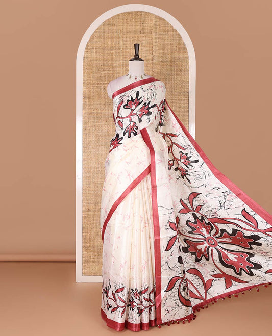 Half-white batik-style floral vine printed khadi cotton saree, contrast red border, batik floral printed, and contrast flower motifs printed blouse