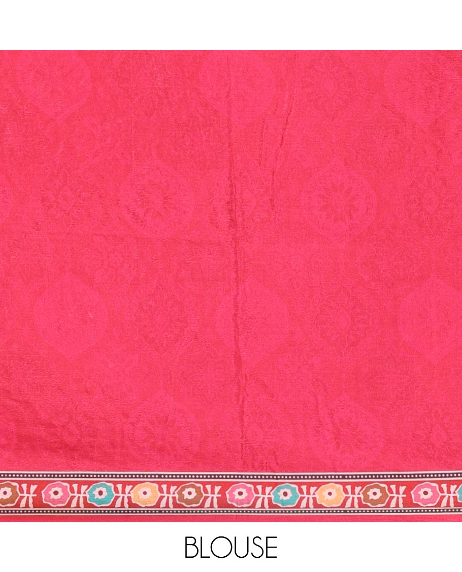 Reddish pink half-&-half colorful geometric print & mirror embroidery masakali saree,printed border & pallu,plain blouse