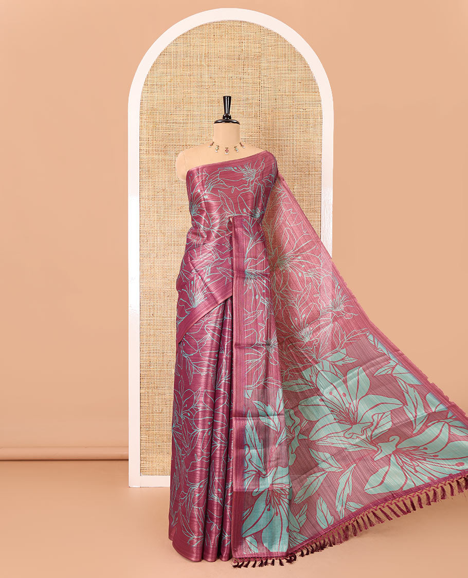 Borderless purple big floral motifs printed tissue silk saree with floral printed pallu, and a contrast plain blouse