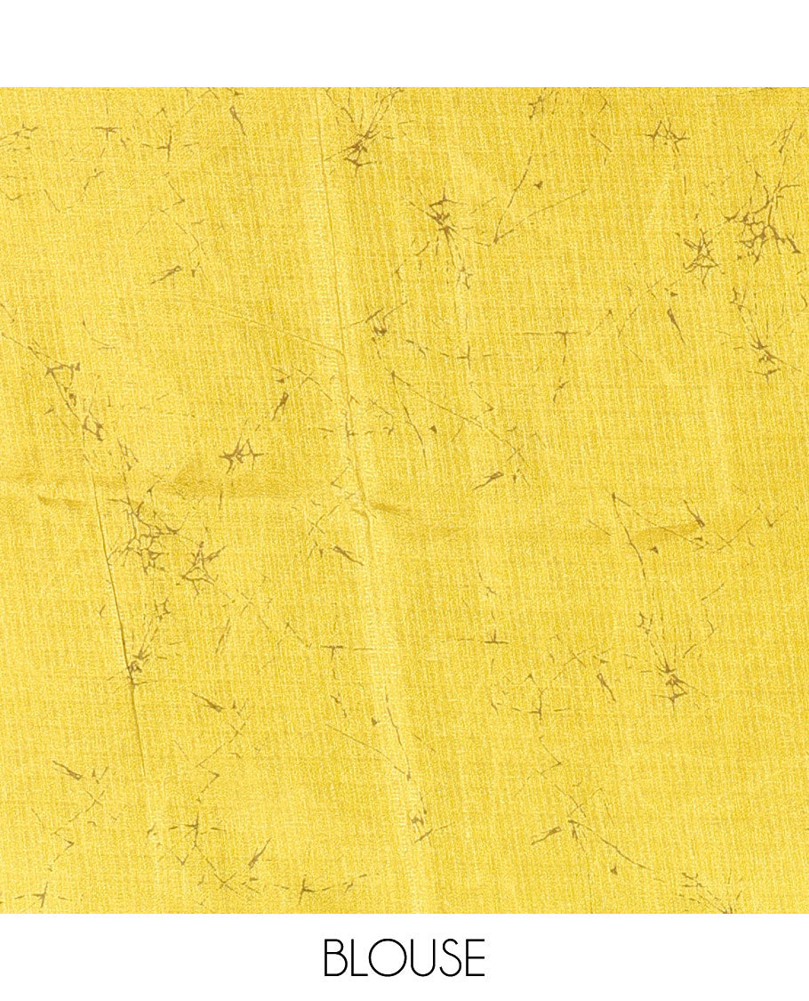 Borderless yellow abstract-style star motifs abstract printed art khadi cotton saree, abstract-style printed pallu, and a matching blouse