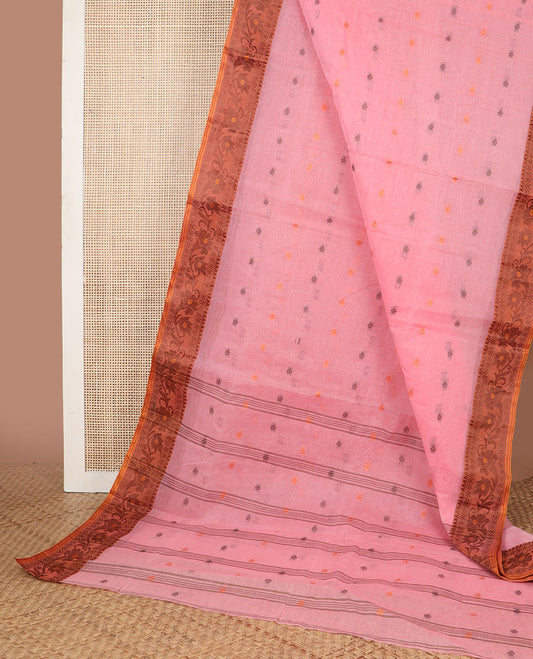 Pink motifs bengal cotton saree with contrast floral design border & striped, floral motifs pallu