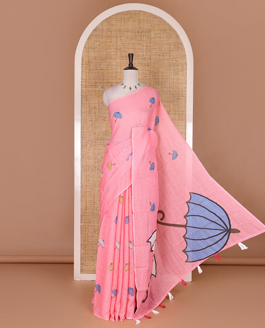 Borderless pink umbrella motifs printed linen cotton saree, self-pallu of big umbrella motifs and contrast blouse