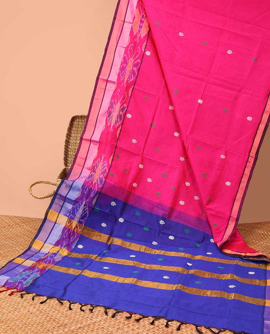 Pink kuppadam cotton saree with unique buttas, plain border & contrast pallu of unique designs