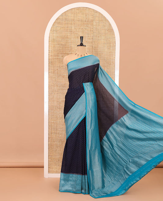 Navy blue zari buttas banarasi georgette saree, contrast traditional zari border, zari woven pallu and a contrast zari design blouse