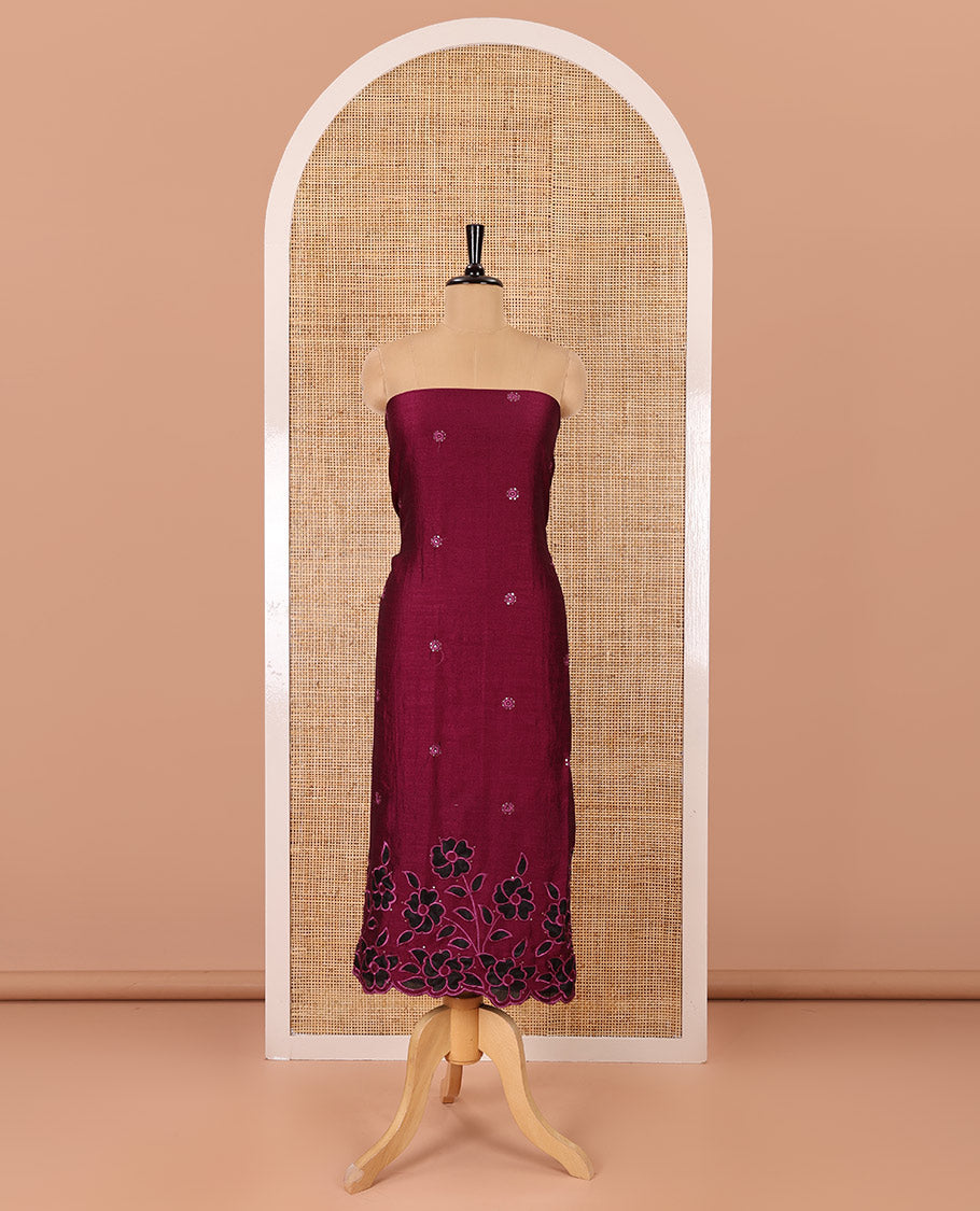 Magenta material chudidar set, sequins work with floral Aplic embroidered Vichitra silk top, matching bottom, and an embroidered dupatta