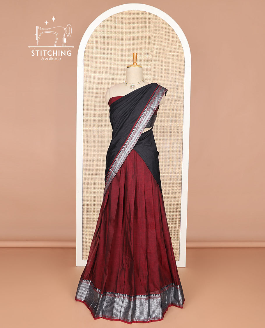 Red cotton half saree with contrast zari design border, zari design blouse & plain, zari design border dhavani