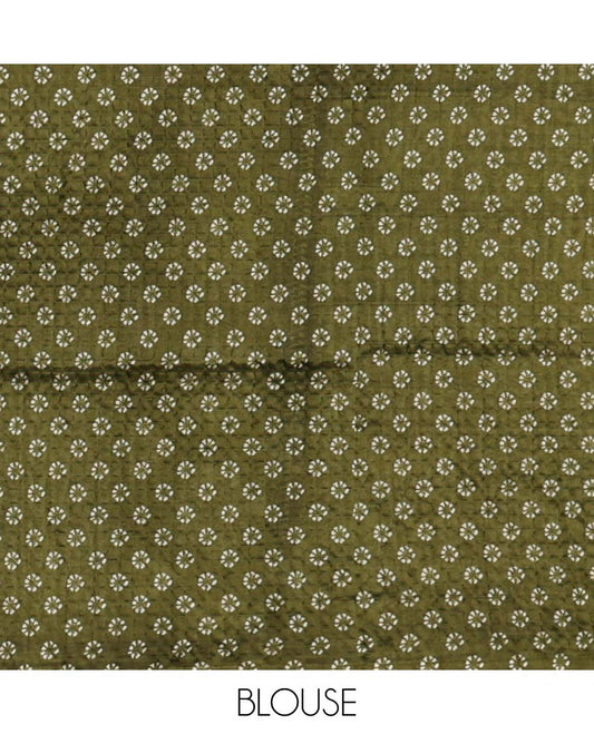 Olive green batik-printed square motifs Litchi crushed saree, batik-printed border & pallu of geometric & floral batik print