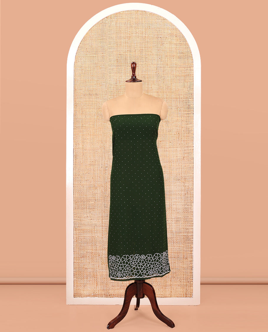 Green Material Chudidar Set, Adorned with Swarovski Stonework and Floral Fox Georgette Top, a Plain Bottom, and Stonework Dupatta