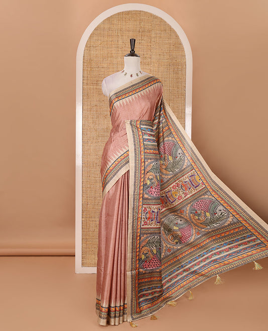 Peach plain semi-tussar saree, contrast temple geometric printed border, kaleidoscope-colored Madhubani-style printed pallu & contrast plain blouse