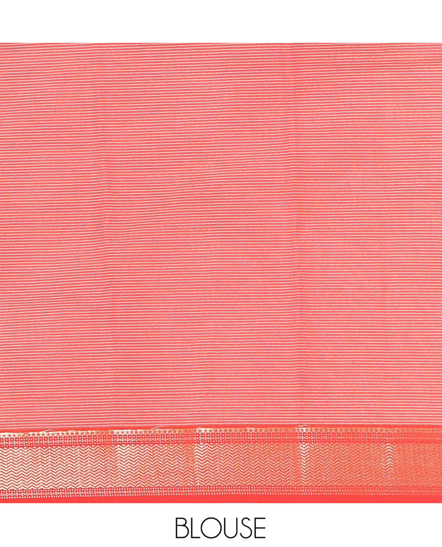 Reddish-Brown Mercerised Cotton Saree, Adorned with Stripes, Contrast Traditional Zari Border, Striped Pallu, and Matching Blouse