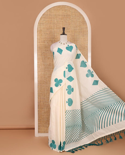 Cream-rama plain Kerala cotton saree, contrast color cards-theme printed border of Diamonds, Clubs, and Spades, leheriya-striped pallu, and plain blouse
