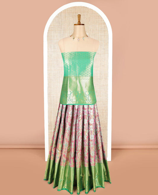 Pink floral jacquard art silk half saree with zari design border, zari design blouse plain, floral design dhavani