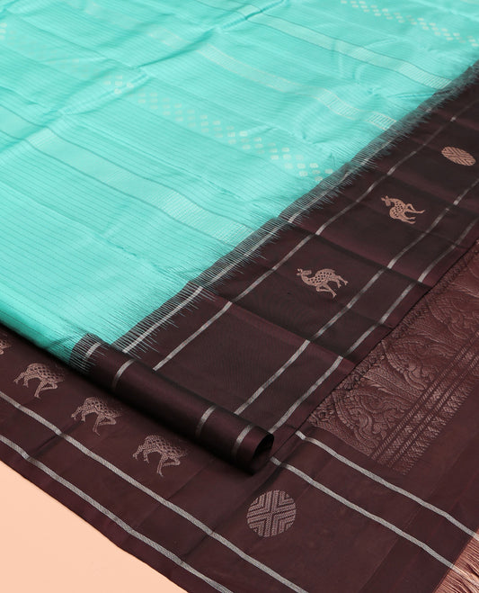 Green Striped Kanchipuram Silk Saree, Complemented by a Contrast Border of Maan and Rudraksham Motifs, Jaal Pallu, and Contrast Blouse