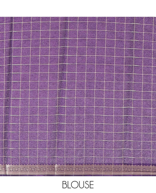 Pink checked art mysore silk saree with self zari border & striped zari pallu