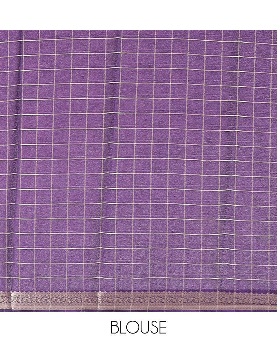 Pink checked art mysore silk saree with self zari border & striped zari pallu
