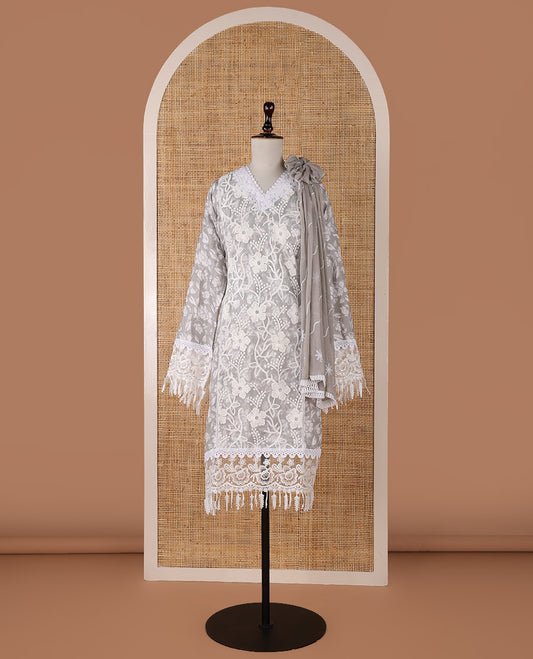 Grey chudidar material set, floral embroidery with daman crochet lace work jam cotton top, white thread argyle design embroidery with lace work nazlin dupatta, unique motifs printed bottom