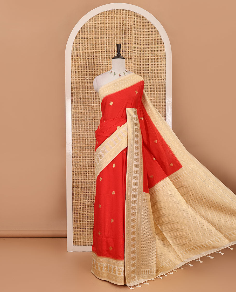 Red peacock buttas dola silk saree, contrast rudraksham & iruthalai pakshi border, intricate pallu & contrast jacquard blouse