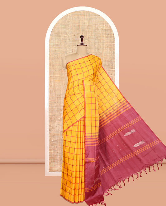 Borderless Orange Checked Banana Pith Saree, a Contrast Pallu of Buttas and Stripes, and a Contrast Blouse