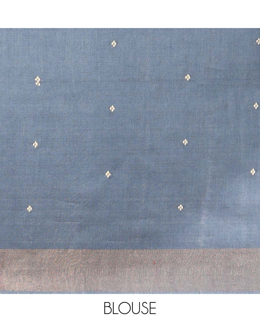 Blue floral enclosed with argyle design tussar silk saree with contrast border & striped design pallu
