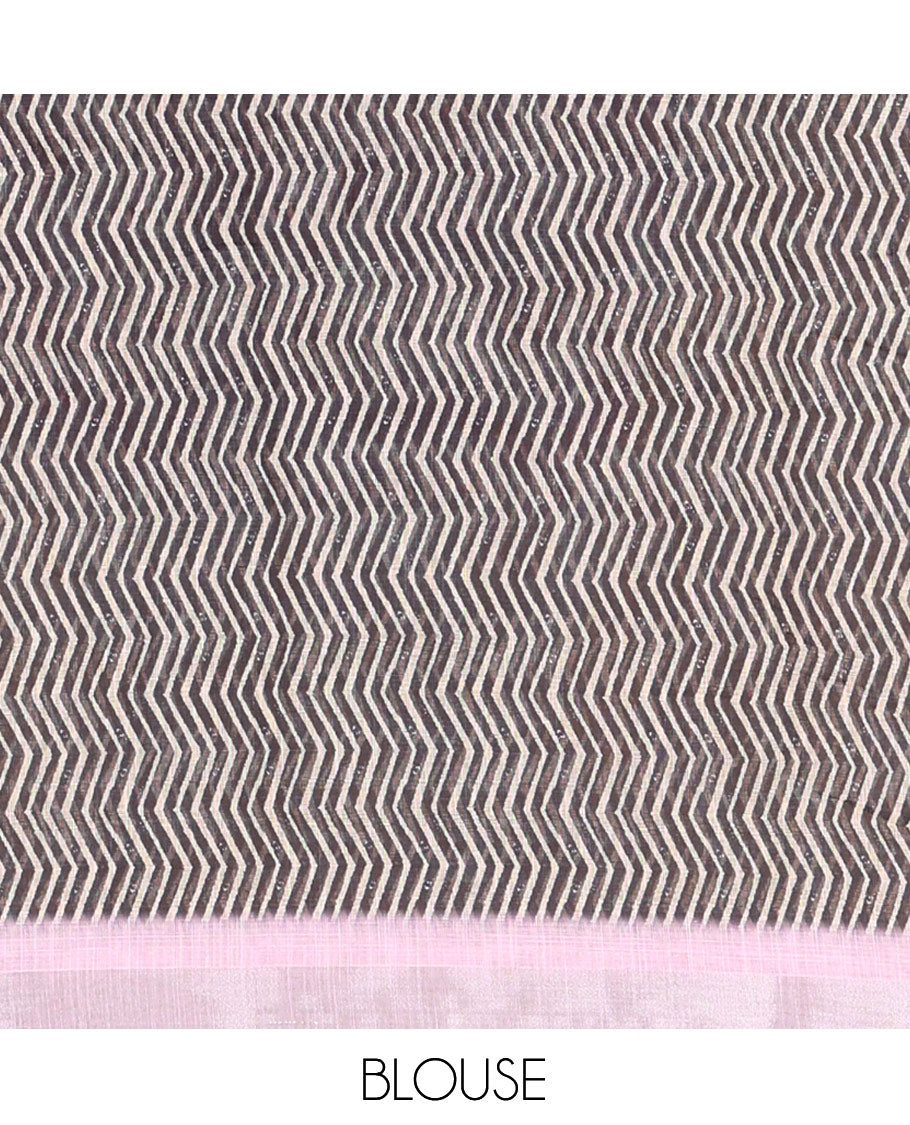 Dusky Pink Linen Cotton Saree Features Ajrakh Geometric Print, a Zari Border, Printed Pallu, Contrast Blouse