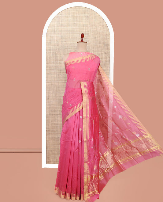 Pink Chanderi Cotton Saree, Adorned with Zari Buttas All Over Its Body, Highlighted by a Zari Border, Gleaming Zari Striped Pallu, and Paired with a Matching Blouse