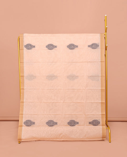 Sandal Kanchi Cotton Saree, Beautified with Buttas All Over Its Body, Complemented by Contrast Border, Pallu Steeped with Stripes and Paisleys, and Paired with a Matching Blouse