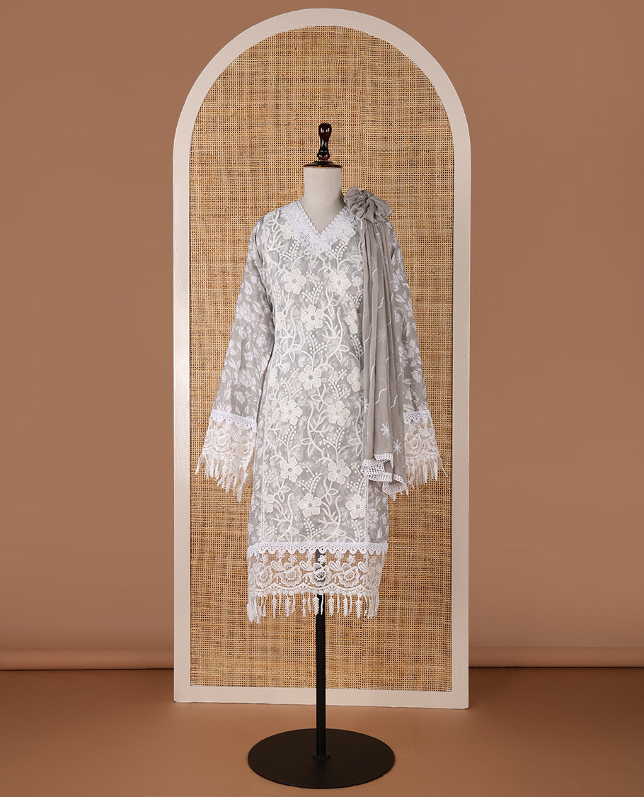 Grey chudidar material set, floral embroidery with daman crochet lace work jam cotton top, white thread argyle design embroidery with lace work nazlin dupatta, unique motifs printed bottom