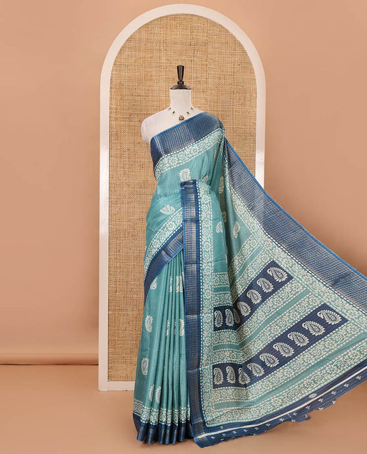 Ramar blue zari striped & batik paisley-floral printed dola silksaree,contrast zari border,batik paisley print pallu & blouse of print & zari work
