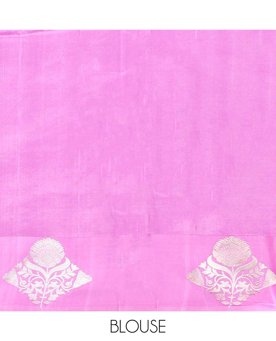 Pink floral buttas raw mango silk saree with self floral border & zari design pallu