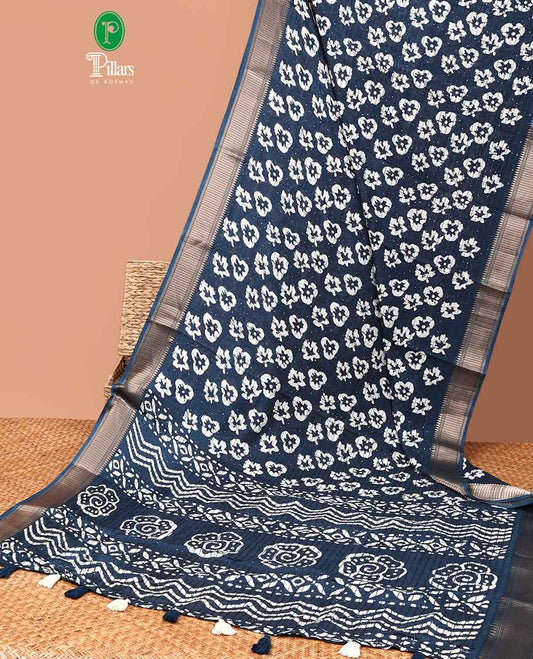 Peacock bluepathik print , sequins design dola silk saree with copper thread border & small pathik printed blouse