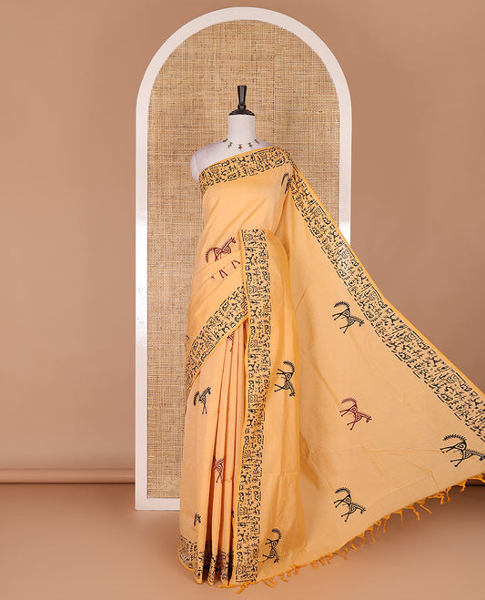 Peach Warli theme horse hand block printed South cotton saree, Warli hand block printed border and pallu, along with contrast handblock printed blouse