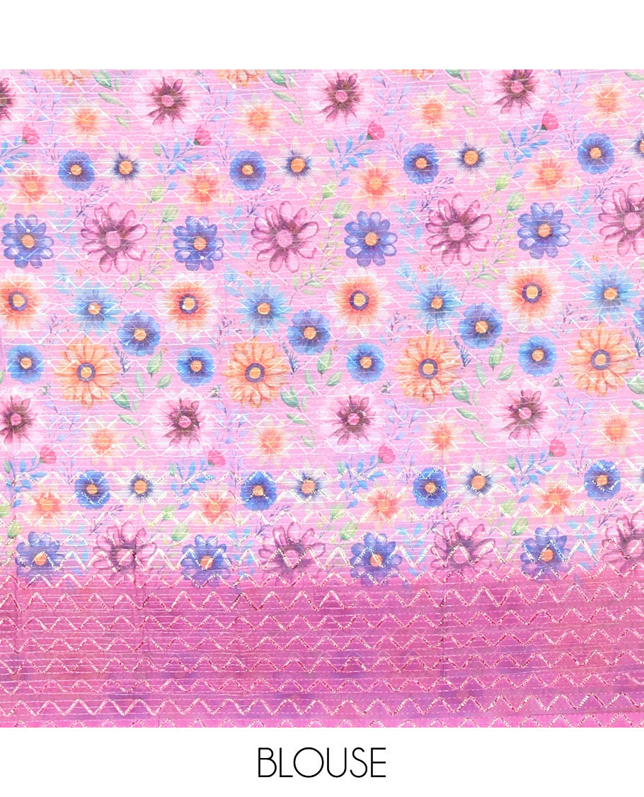 Borderless wine sparkling glitter russel net saree with self-pallu, and a contrast floral printed and zig-zag patterned blouse