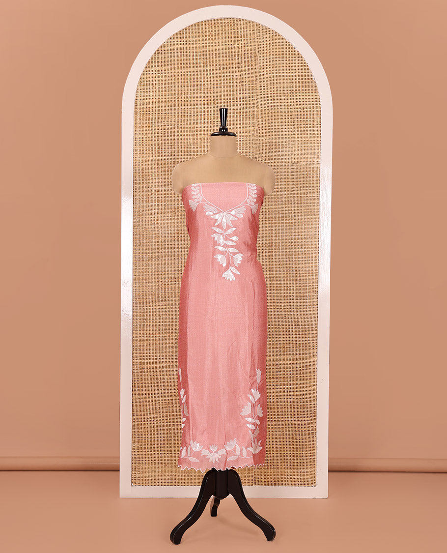 Pink Material Churidar Set, Detailed with Floral Motifs Sequins-Thread Embroidered on Its Vichitra Silk Top, Comes with a Contrast Santoon Bottom, and Paired with a Vichitra Silk Floral Embroidered Scallop Dupatta