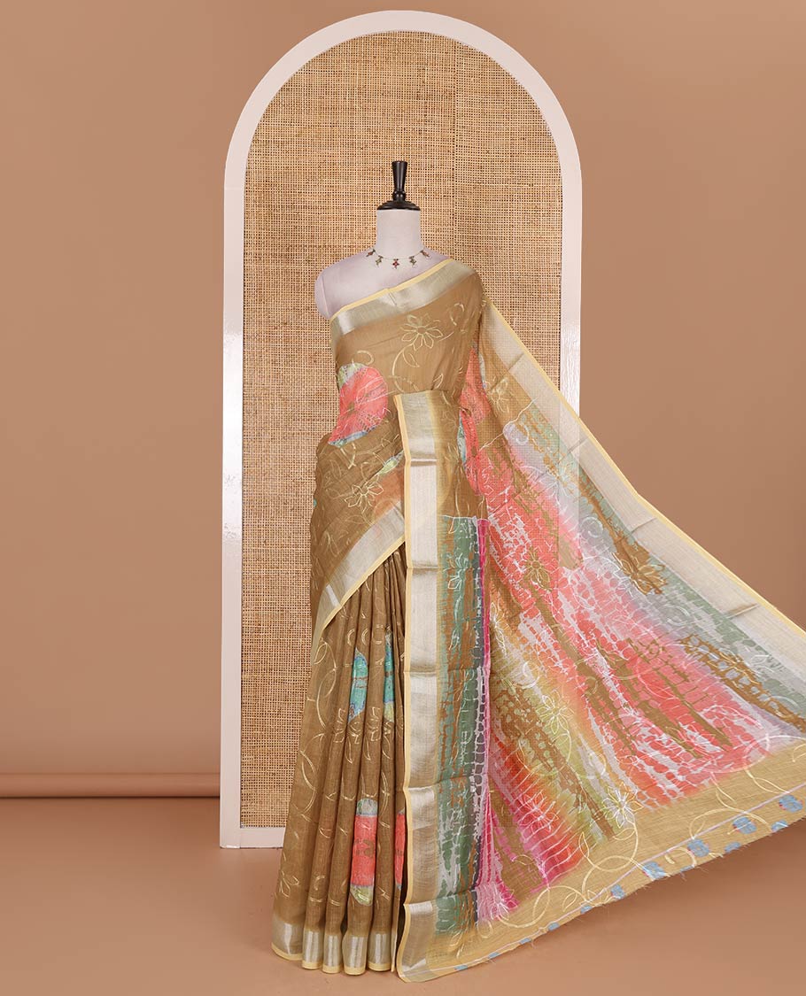 Mustard shibori printed with thread floral vine embroidered linen cotton saree, contrast bavanji border, pallu, and blouse of shibori print with embroidery