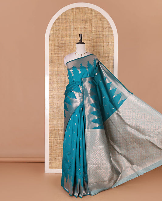Rama Green zari buttas kanchi silk saree, temple zari border, zari-rich jaal pallu, and zari motifs woven blouse