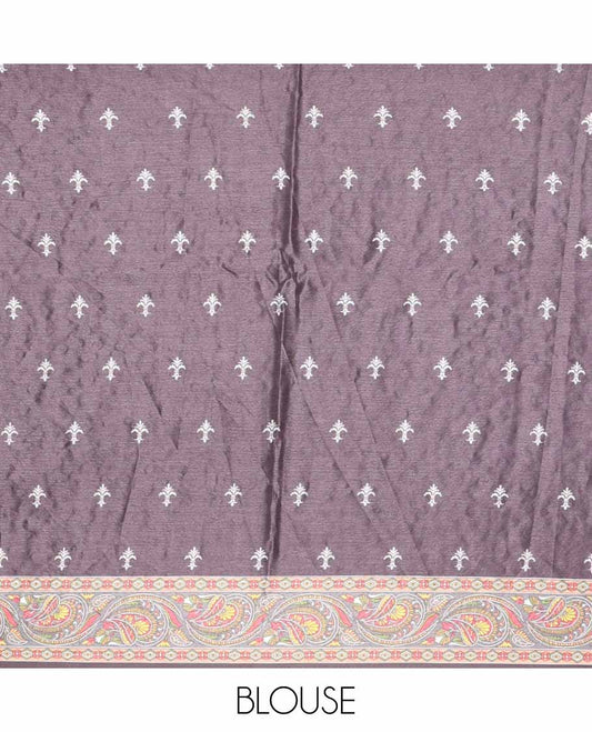 Black printed, mirror work synon silk saree with printed border, mirror work & printed blouse along with butta printed blouse