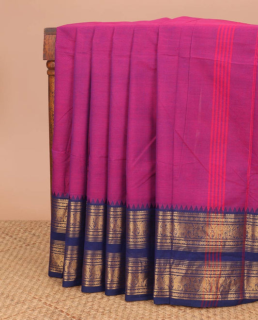 Dark pink chettinad cotton saree with contrast traditional zari design border & striped pallu