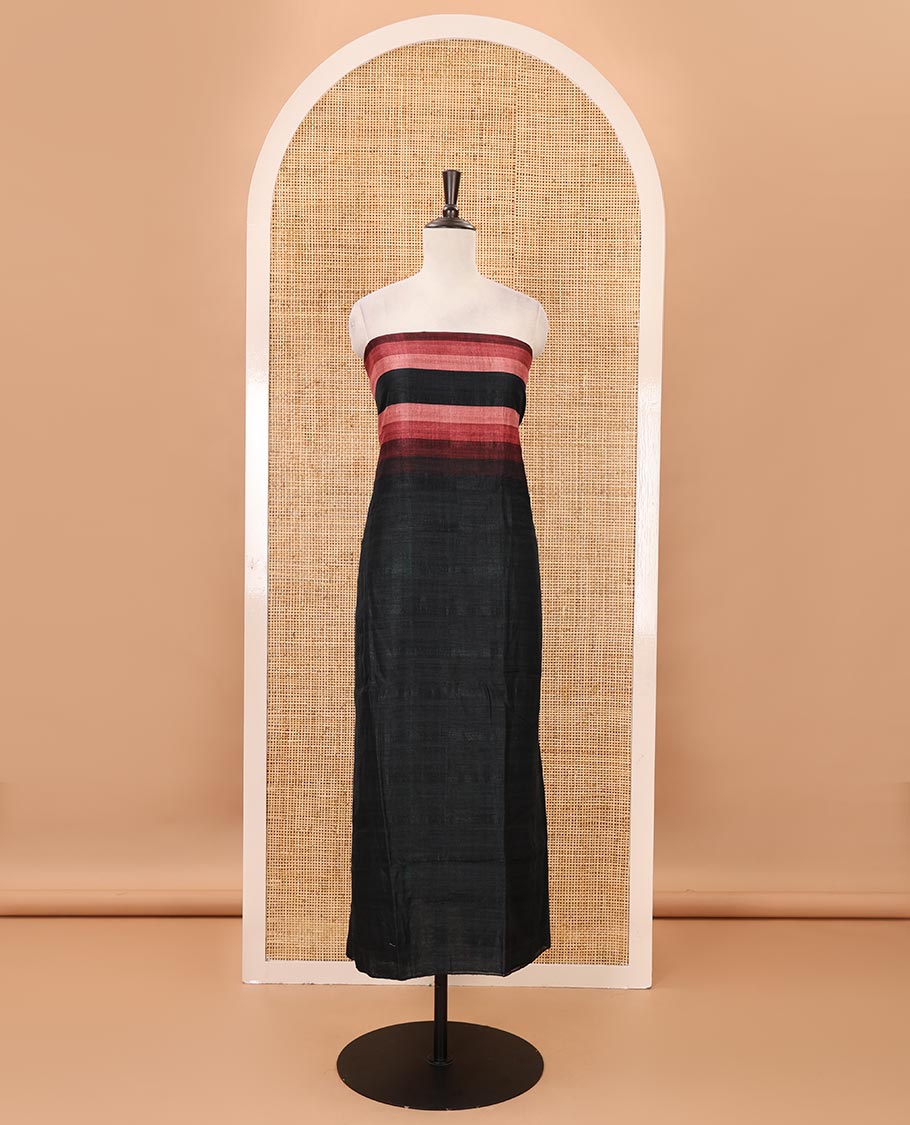 Black material chudidar set, horizontal brown-ombre striped semi-tussar top, plain santoon bottom & horizontal pink-ombre striped dupatta with tassels