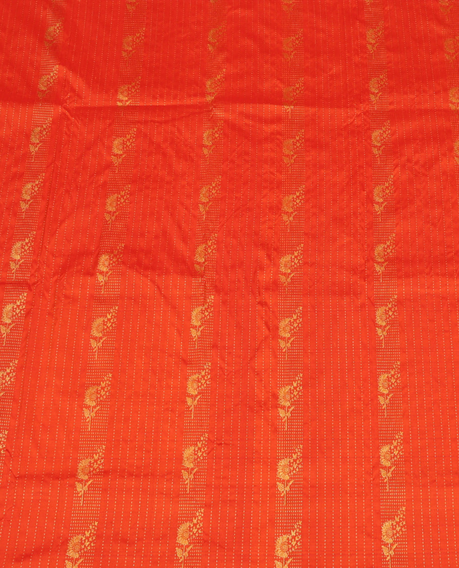 Orange Pure Silk Material Half Saree, Embellished with Zari Stripes and Zari Buttas Skirt, a Contrast Traditional Zari Border, and a Contrast Blouse