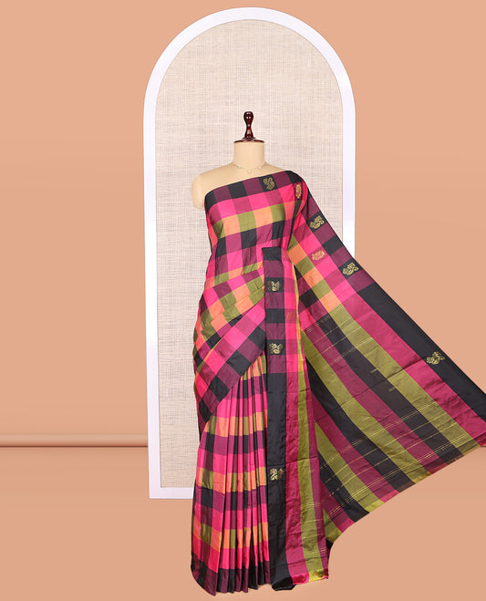 Borderless Multi-Color Checked Arani Saree, Adorned with Zari Buttas, a Pallu of Zari Stripes, and a Matching Blouse