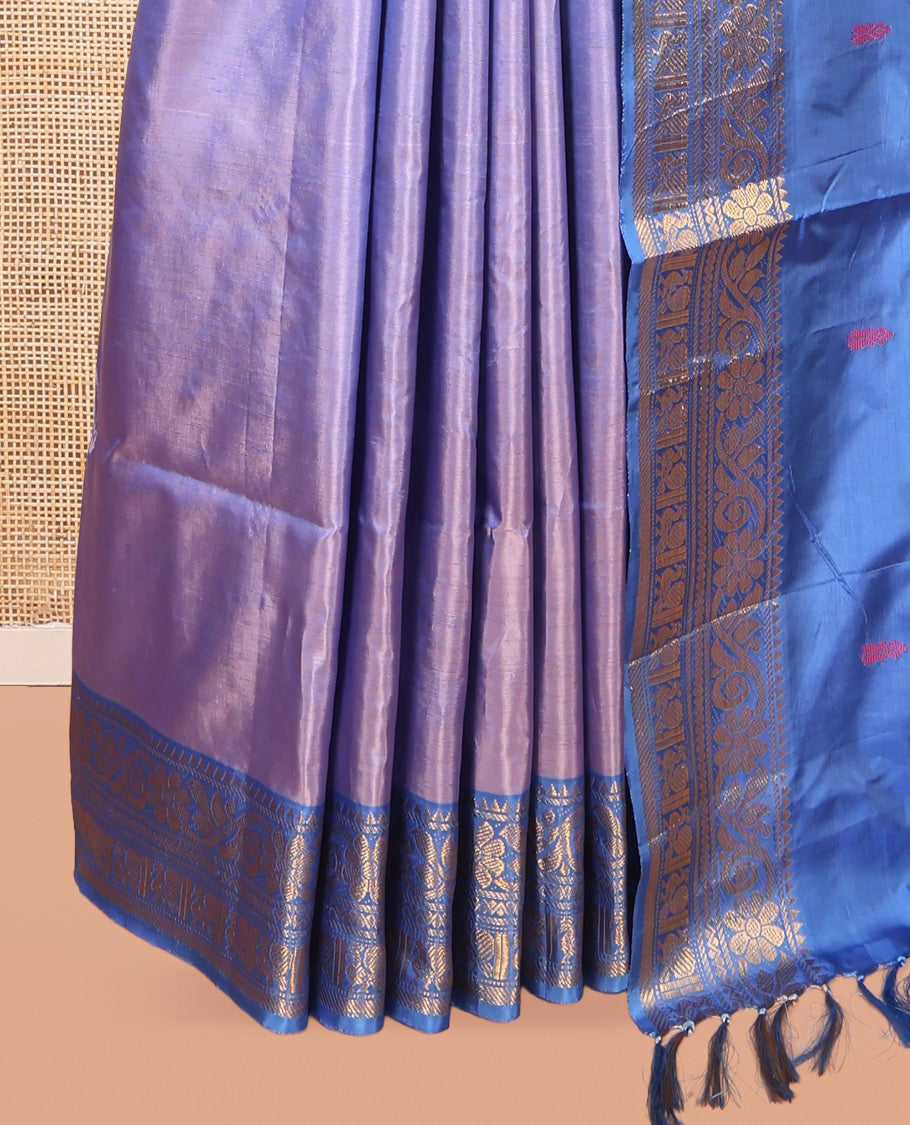 Violet Banana Pith Saree, Woven with Thread Buttas, a Contrast Traditional Zari Border, Pallu of Buttas, and a Contrast Blouse